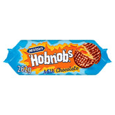 The McVitie's Hobnobs The Oaty One Milk Chocolate 262g packaging features an appealing image of a chocolate-covered oat biscuit set against a lively blue and orange backdrop.
